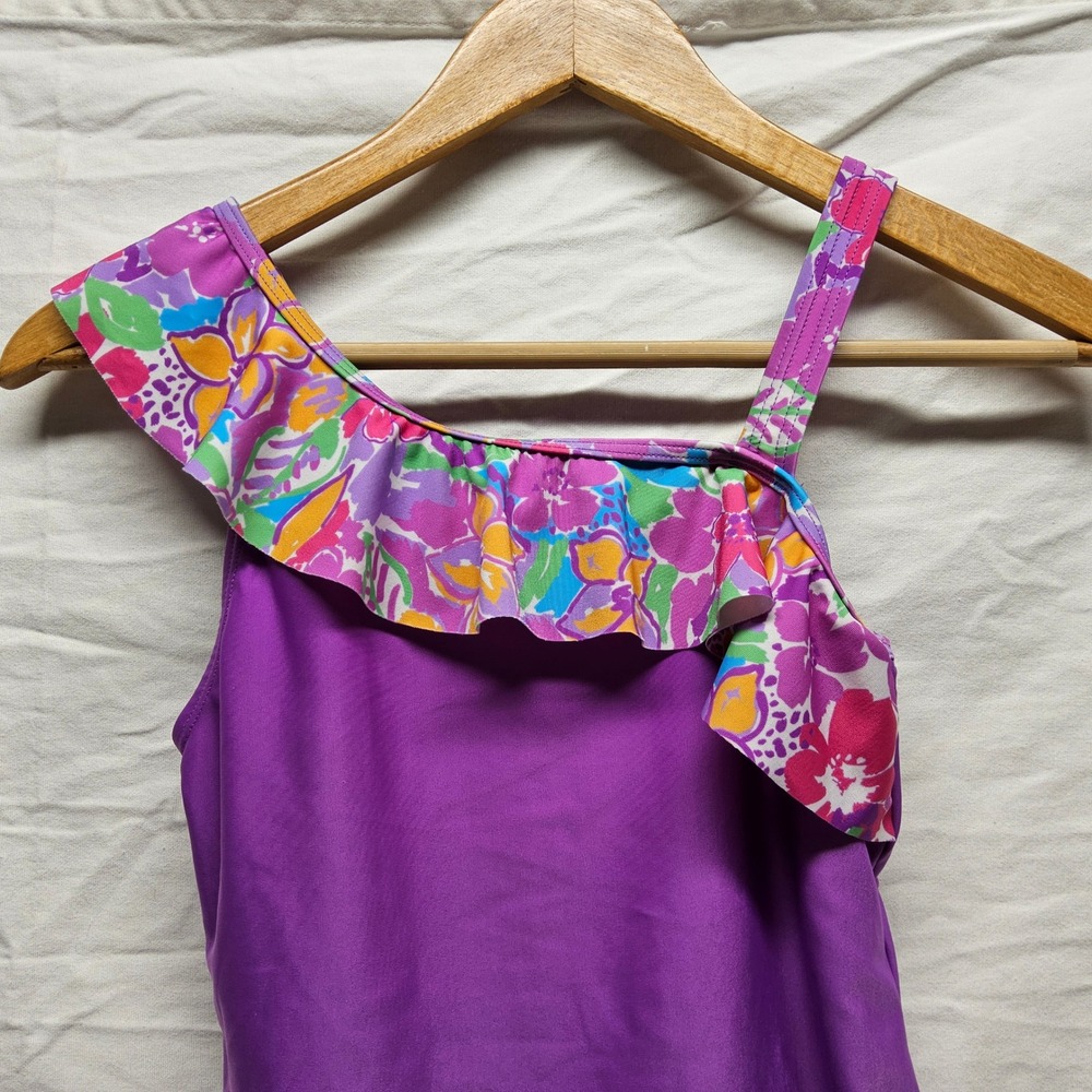 Speedo One Piece Swimsuit Girls XL Purple Floral Ruffle One Shoulder Athletic